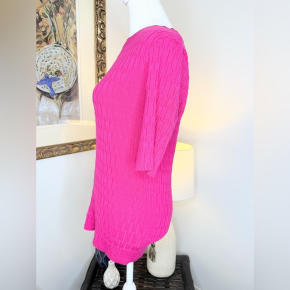 Elie Tahari Women’s Sweater Large Hot Pink Textured Knit Short Sleeve Top - Picture 5 of 9